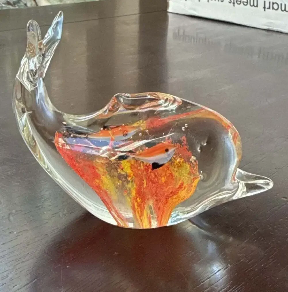 Clear Art Glass Whale Figurine Paperweight with Internal Fish and Reef Detail